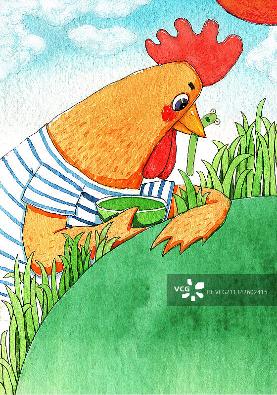 绘本插画母鸡小鸡系列-草地上找虫子的公鸡图片素材