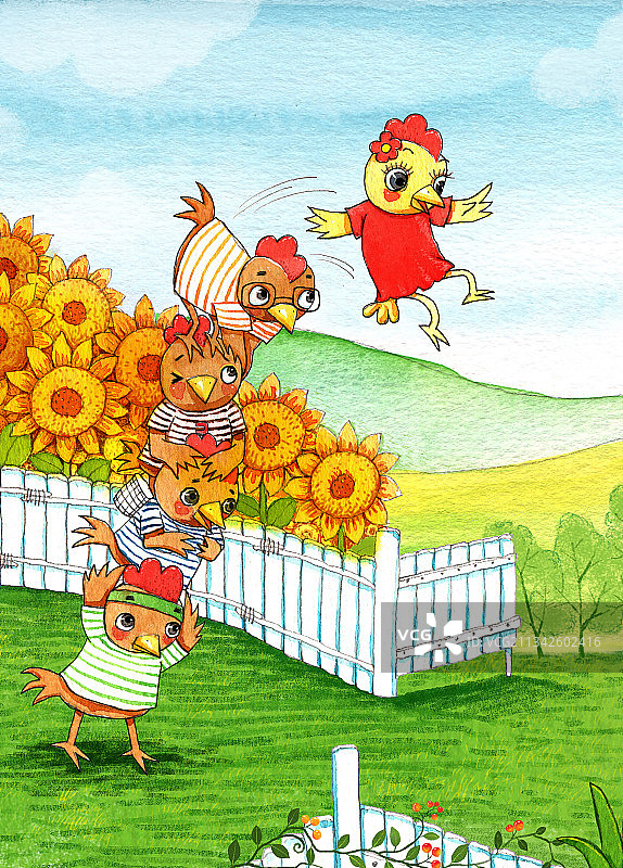 绘本插画母鸡小鸡系列-院子里玩耍的小鸡图片素材