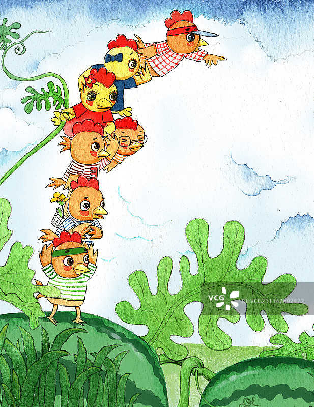 绘本插画母鸡小鸡系列-小鸡叠罗汉图片素材