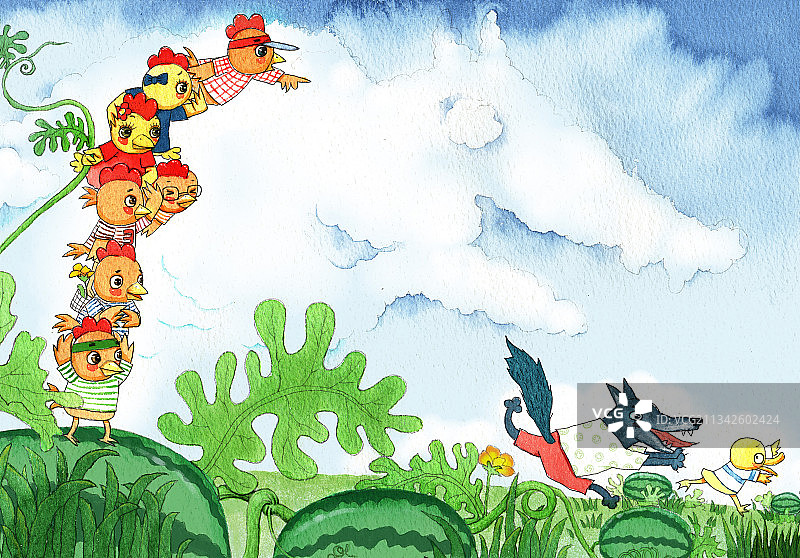 绘本插画母鸡小鸡系列-叠罗汉的小鸡看到大灰狼图片素材