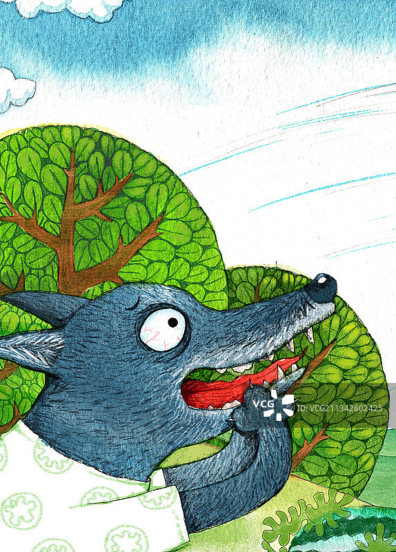 绘本插画母鸡小鸡系列-吃惊的大灰狼图片素材