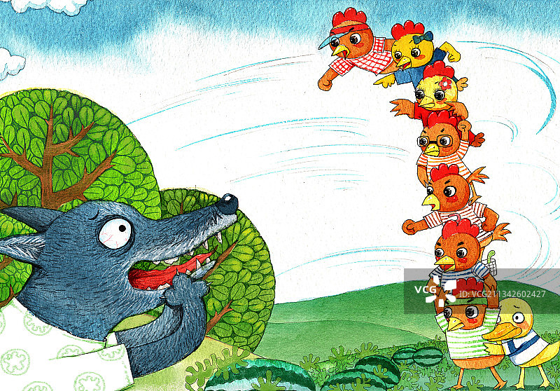 绘本插画母鸡小鸡系列-小鸡叠罗汉对抗大灰狼图片素材