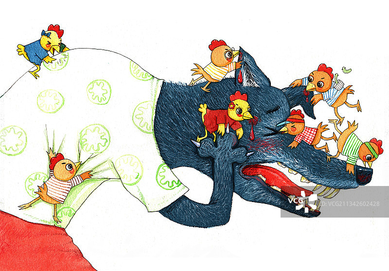 绘本插画母鸡小鸡系列-被小鸡公鸡的大灰狼图片素材