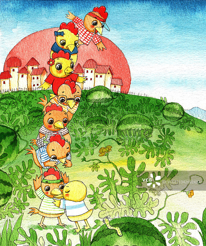 绘本插画母鸡小鸡系列-在西瓜地里叠罗汉图片素材