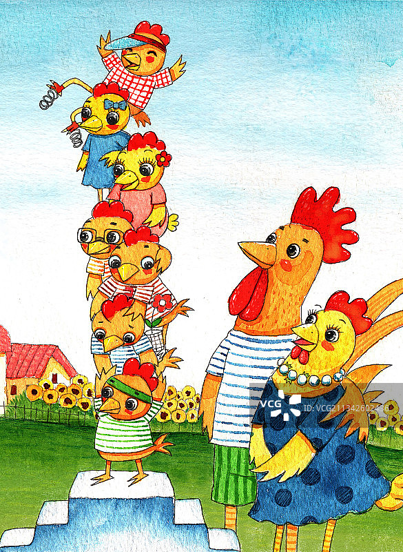 绘本插画母鸡小鸡系列-站在领奖台上的小鸡图片素材