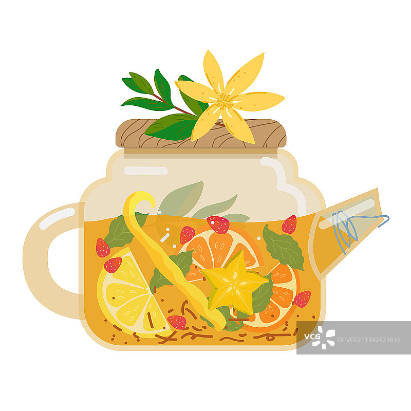 盛有夏季水果花草茶的玻璃茶壶图片素材