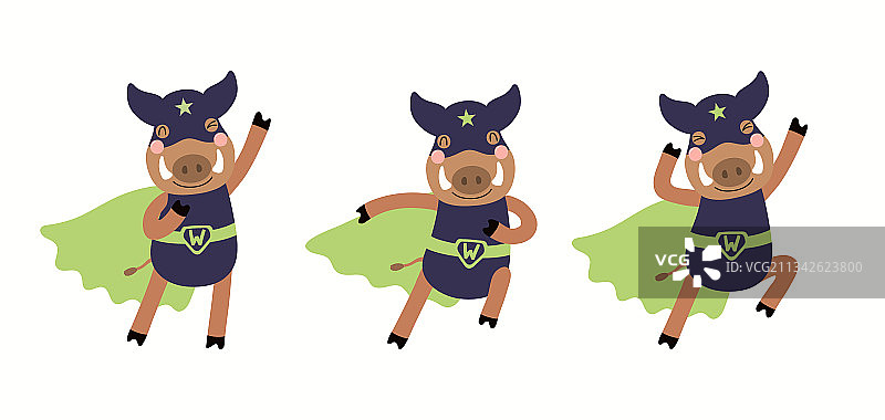 可爱的卡通野猪超级英雄面具套装图片素材