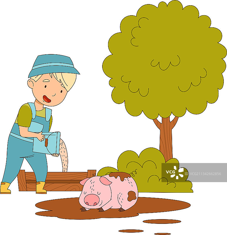 小男孩给躺卧的猪喂饲料图片素材