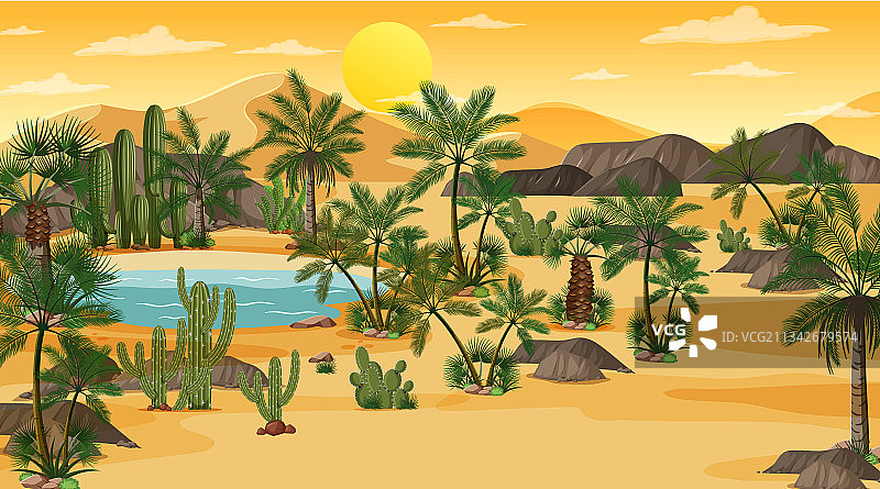 日落时分的沙漠森林景观与绿洲图片素材