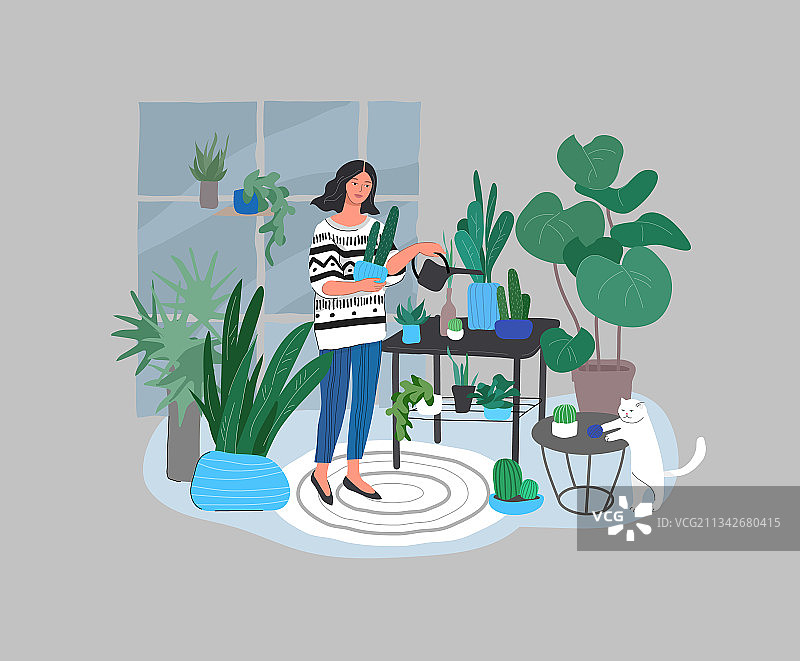 女孩在城市花园中照料室内植物图片素材