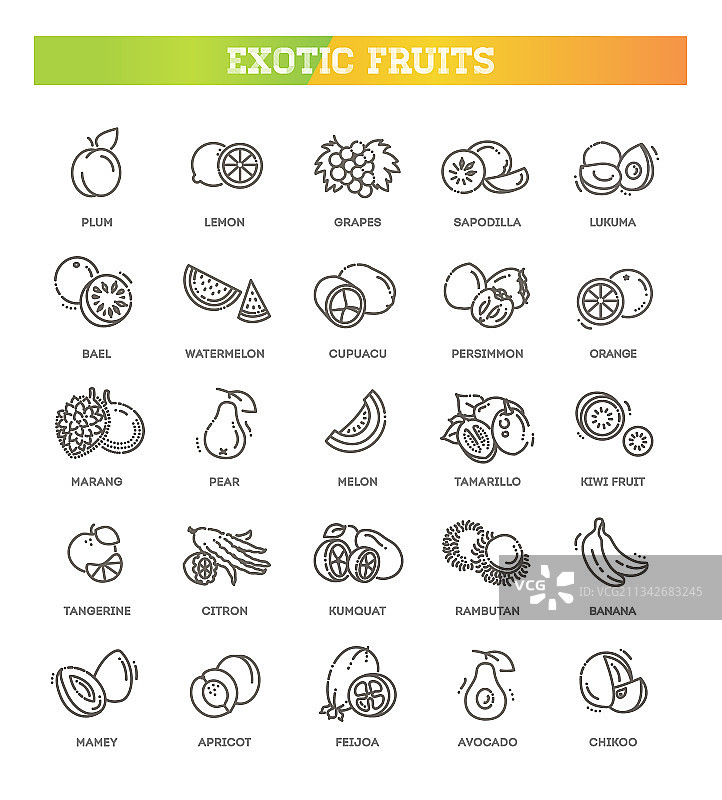 热带水果素食扁平图标集图片素材