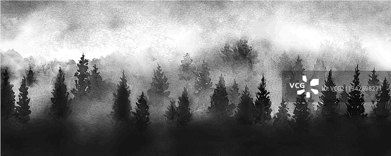 多云的黑色雾林树木景观图片素材