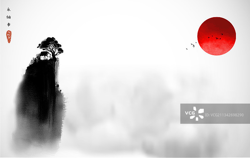 中国风山水画与小屋图片素材