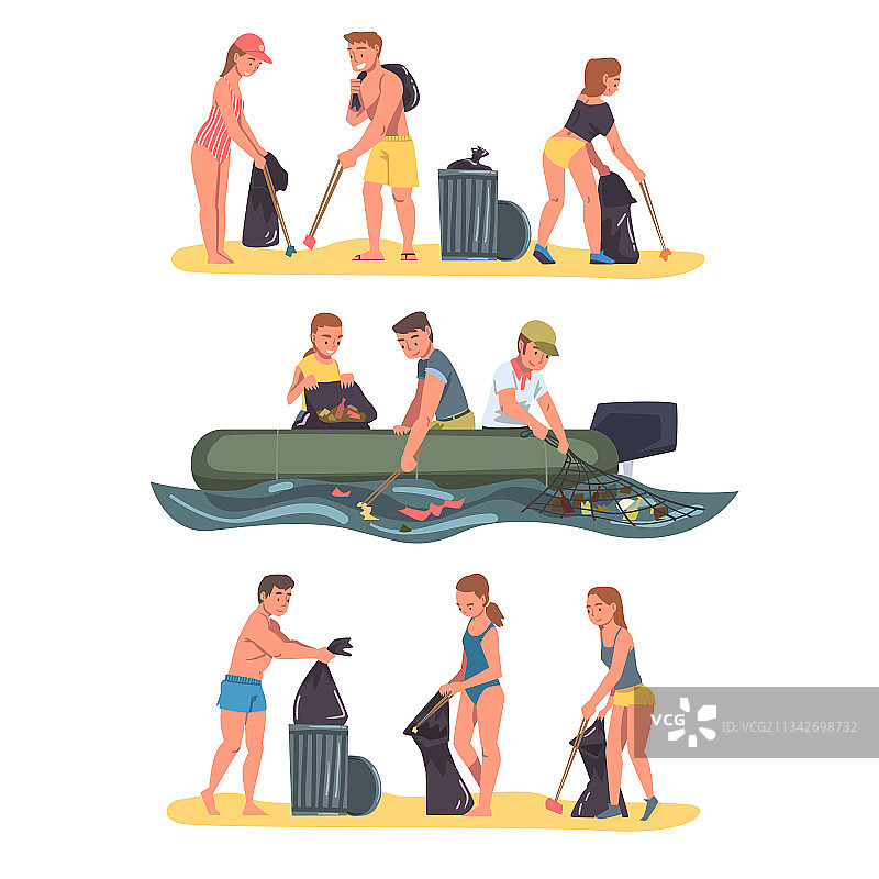 志愿者在海滩和水中清理垃圾图片素材