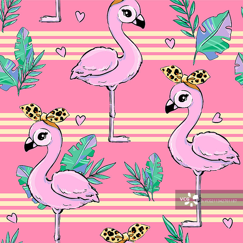 戴豹纹蝴蝶结的热带树叶火烈鸟图片素材