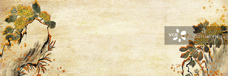 中国风金色边水墨传统华丽装饰奢靡风牛皮纸背景插图菊花石图片素材