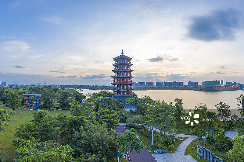 航拍中国东莞华阳湖湿地公园日出风光图片素材