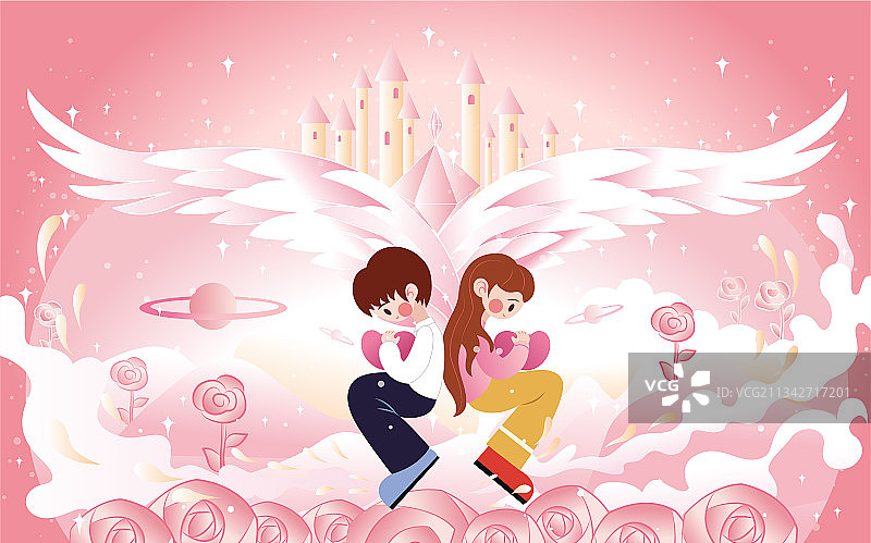 少男少女背靠背抱着爱心七夕情人节梦幻城堡浪漫扁平风插画图片素材