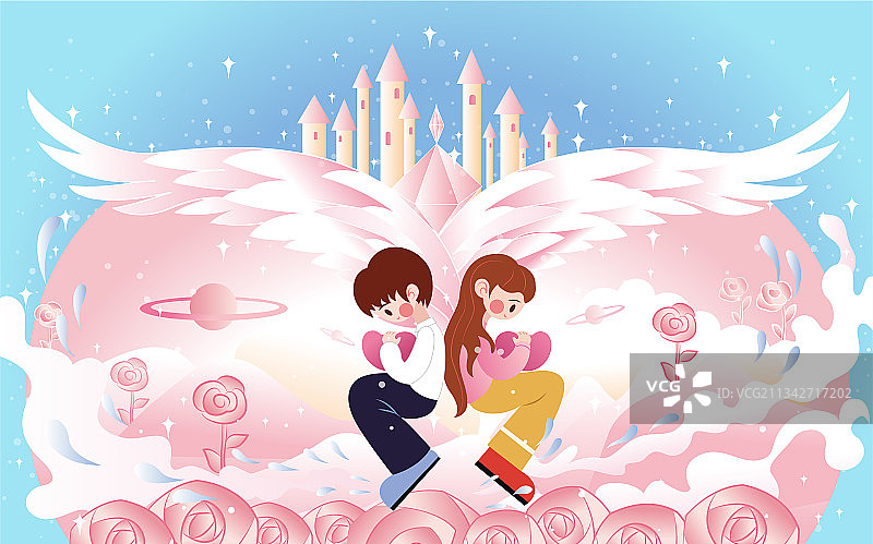 少男少女背靠背抱着爱心七夕情人节梦幻城堡浪漫扁平风插画图片素材