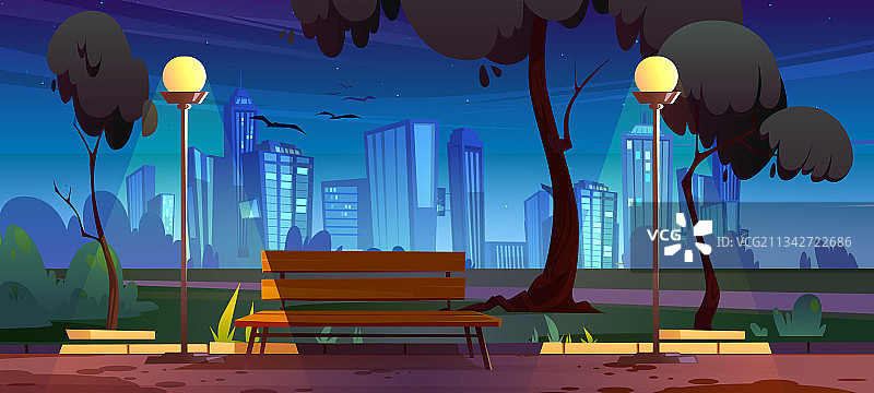 夜间城市公园：带长椅的夏季风景图片素材