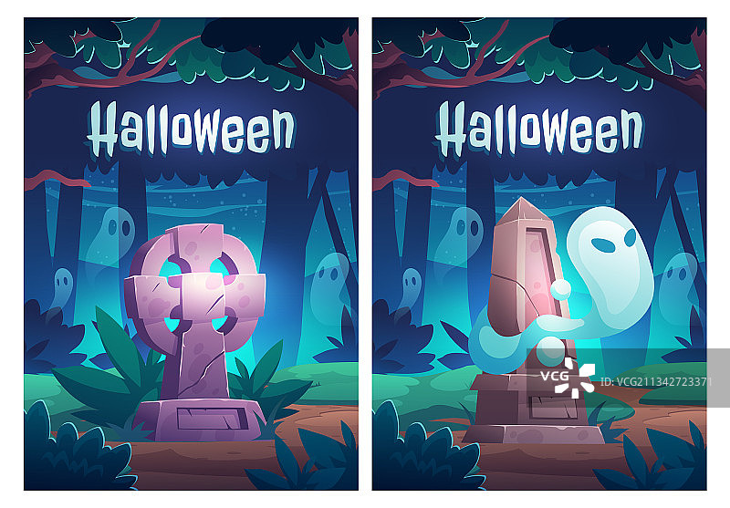 万圣节海报：旧墓地上的幽灵图片素材