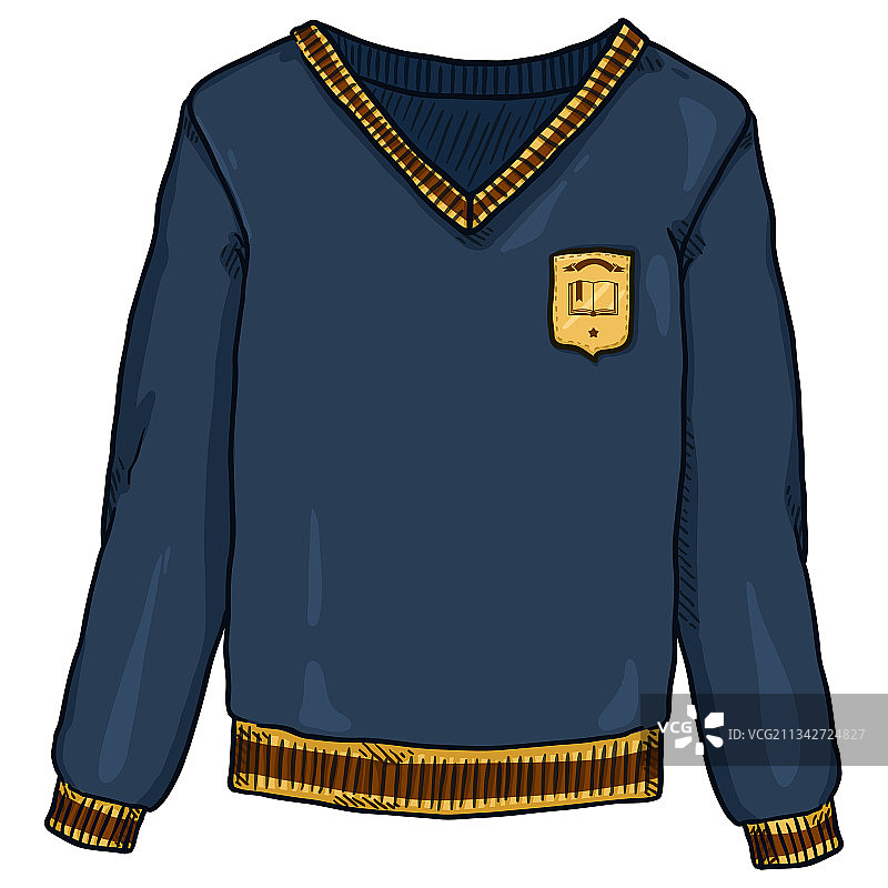 带有校徽卡通图案的蓝色套头衫图片素材