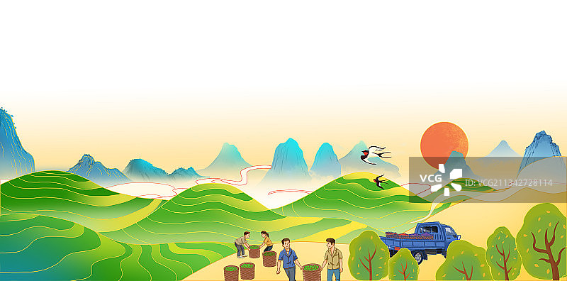 国潮风田园生活梯田茶园乡村丰收采摘青绿山水茶叶包装插画图片素材