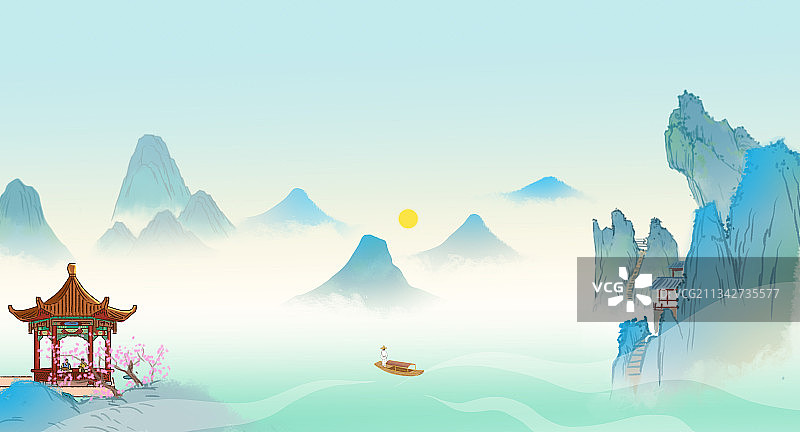 国潮风中国传统文化青绿山水国画古诗词配图意境国风插画图片素材