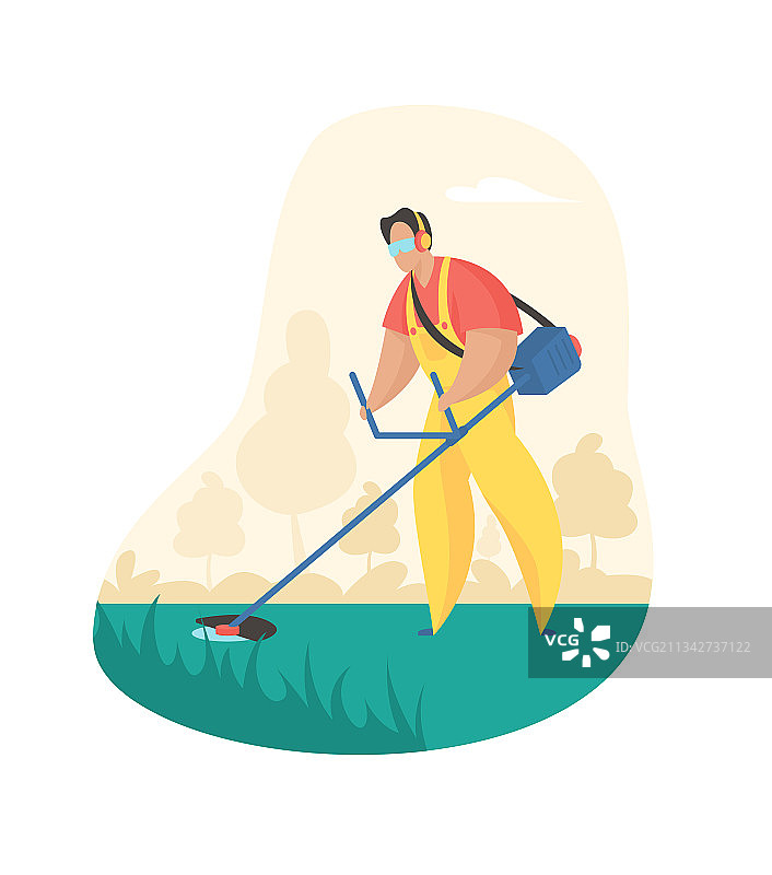 穿制服的男人用割草机修剪草坪图片素材