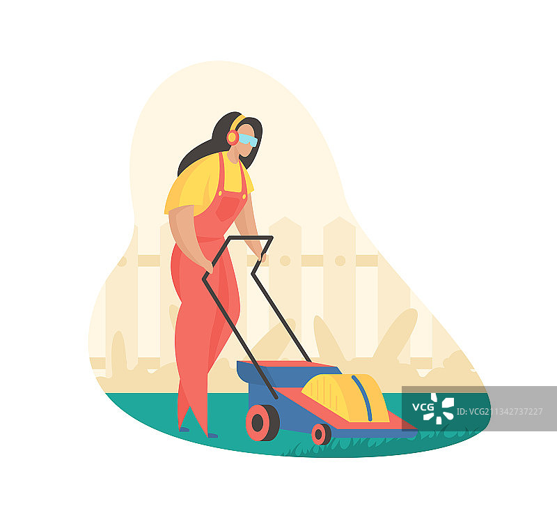 用割草机割草的防护服女人图片素材