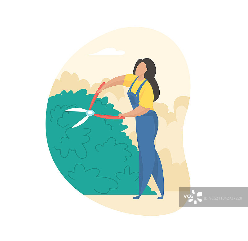 穿制服的女孩修剪灌木图片素材