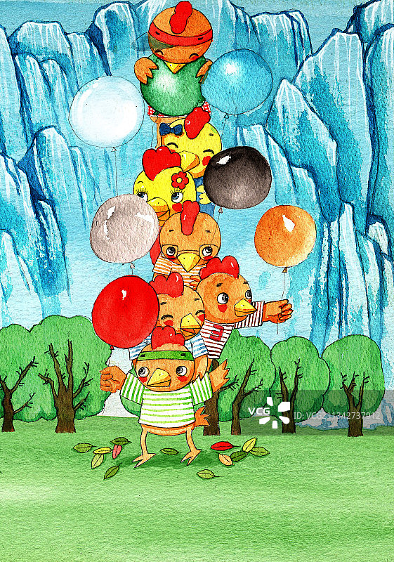 绘本插画母鸡小鸡系列-拿着气球的小鸡图片素材