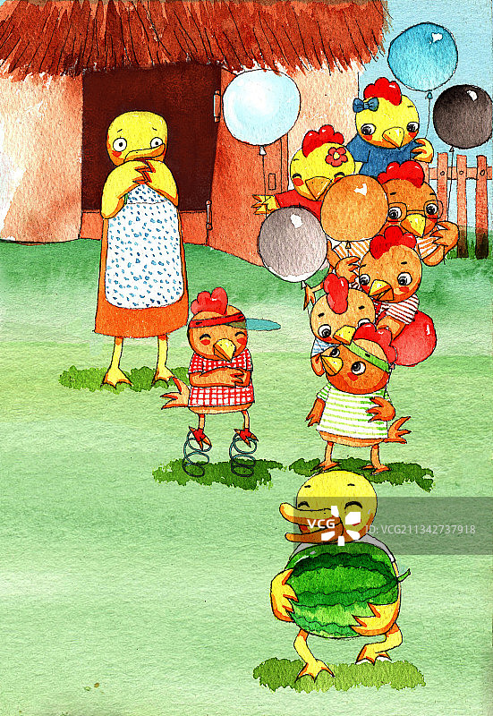 绘本插画母鸡小鸡系列-小鸡帮助小鸭子图片素材