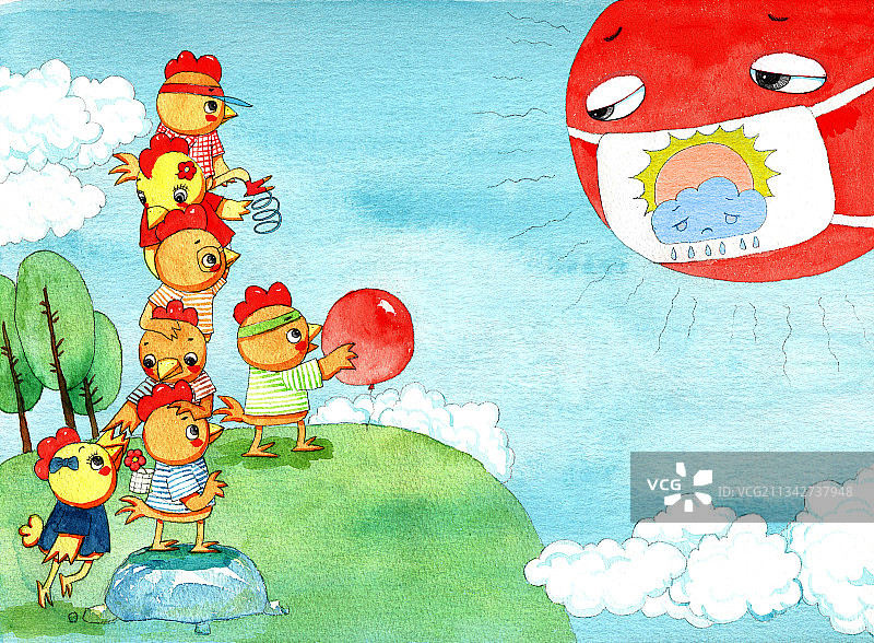 绘本插画母鸡小鸡系列-站在山坡上的小鸡拯救生病的太阳图片素材