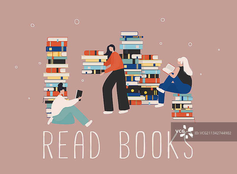 坐在书堆上的时尚年轻女读者图片素材