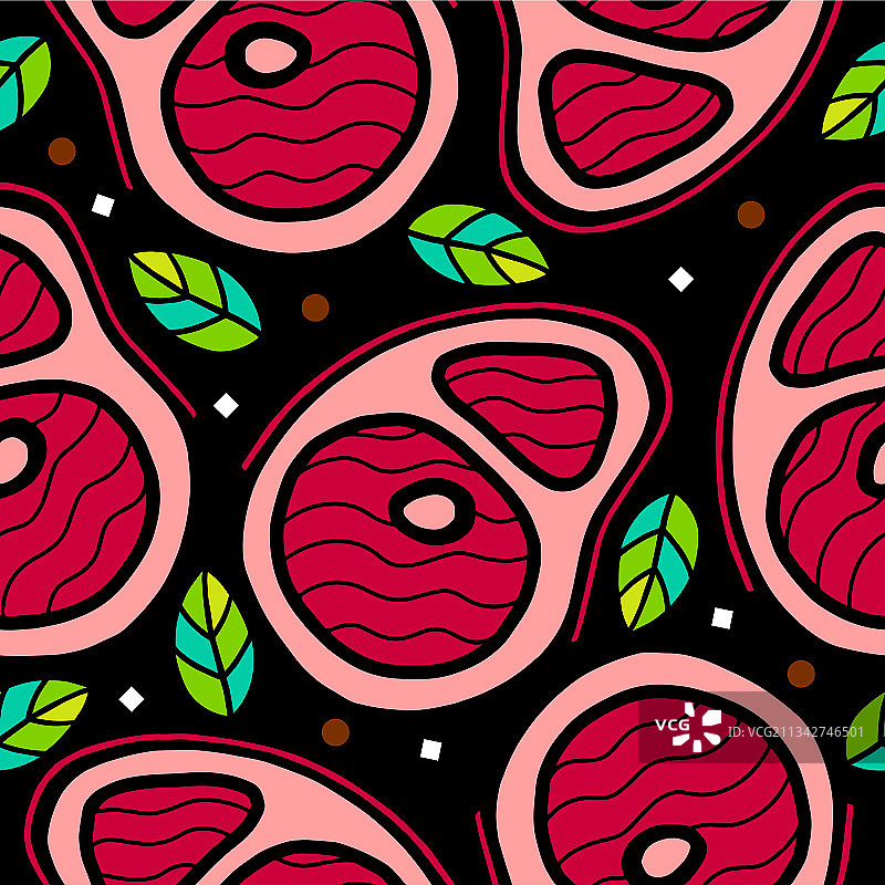 红色牛排与绿色图案的无缝连接图片素材