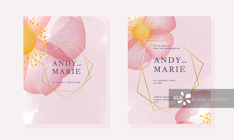 带粉色花朵的婚礼邀请函模板图片素材