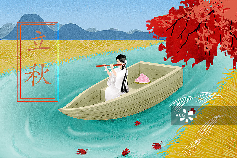 立秋---红叶下乘船漂流的少女图片素材