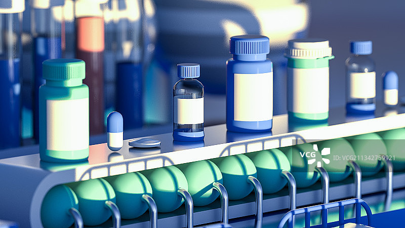 3D渲染卡通风格医疗行业药物生产线场景插图图片素材