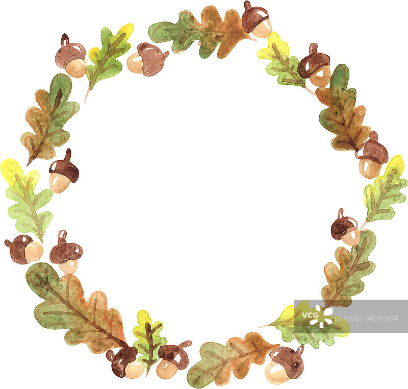 水彩橡树叶与橡树籽背景图片素材