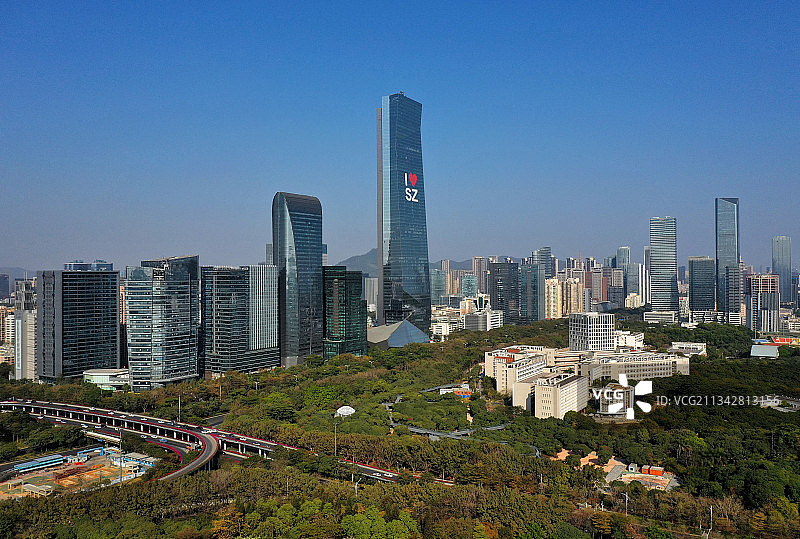 广东省深圳市南山区文体中心荔香公园与汉京大厦航拍图片素材