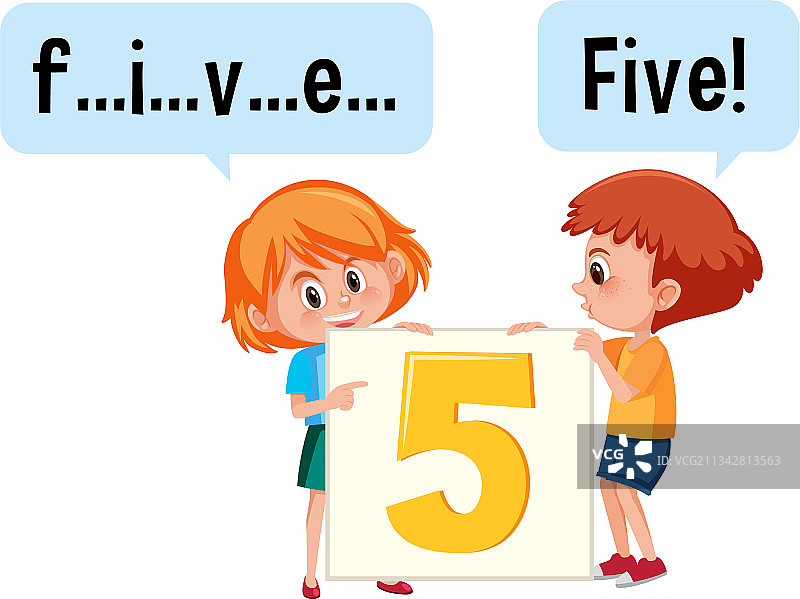 卡通人物：两个孩子拼写数字图片素材