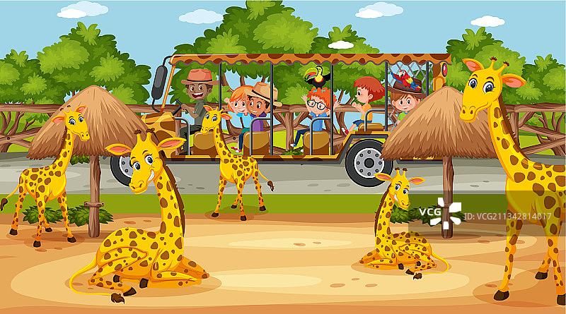 孩子们在游览车上观看的野生动物场景图片素材