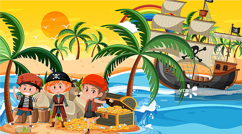 日落时分的海盗藏宝岛场景图片素材