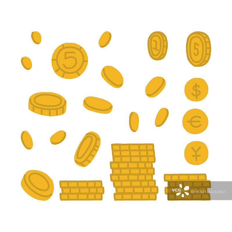 不同角度和样式的金币图片素材