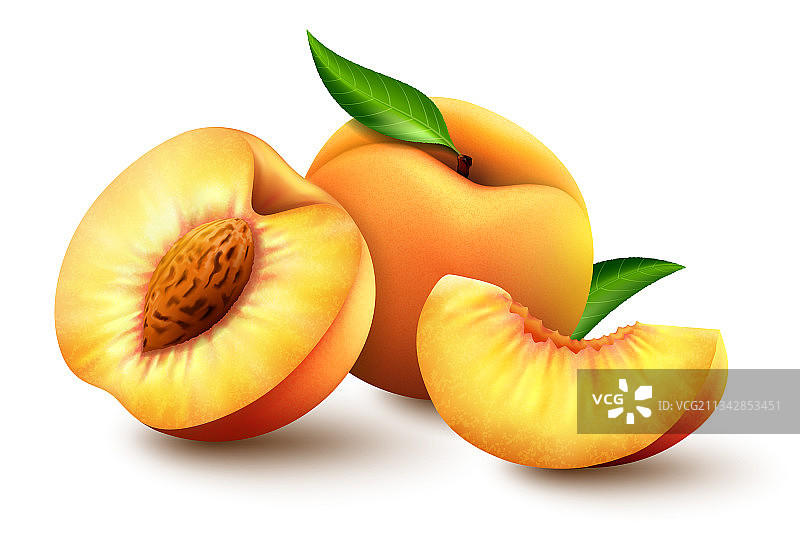 带绿叶的逼真成熟桃子套装图片素材
