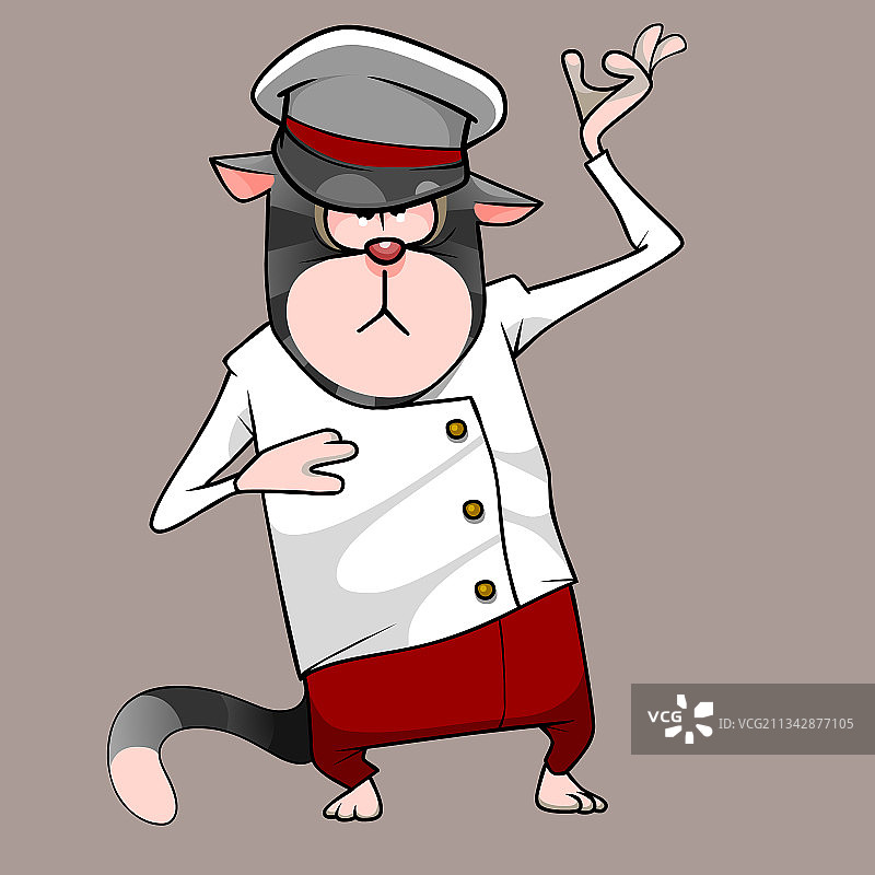 戴帽子的卡通猫，穿白色夹克和红色裤子图片素材