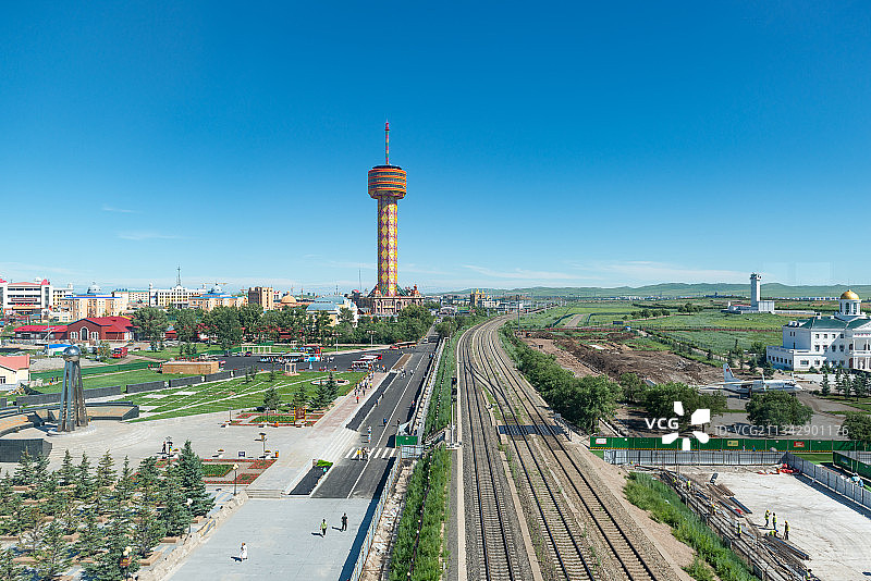 内蒙古满洲里国门 中俄边境 俯瞰满洲里图片素材
