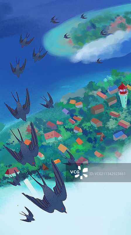 童话世界自由海岛向往生活方式旅行俯瞰大海鸟飞行插画图片素材