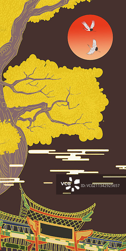 国潮风中国传统历史建筑日式浮世绘北京古建筑牌坊仙鹤国风插画图片素材